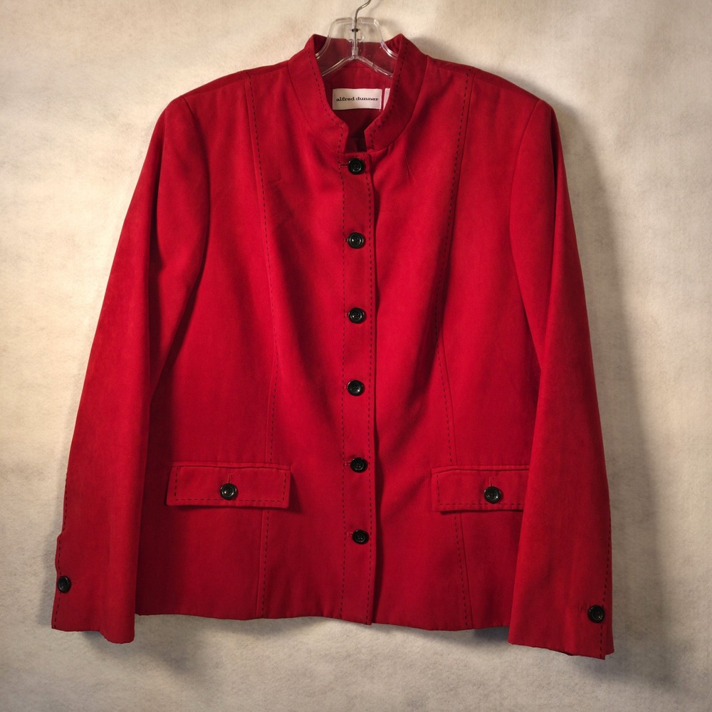 Alfred‎ Dunner Faux Suede Jacket Womens Red Contrast Stitch Mock Neck Business